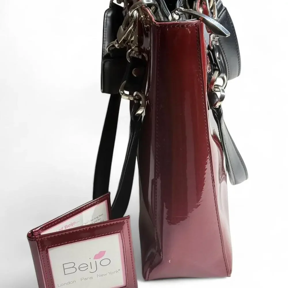 Beijo Glossy Burgundy Tote Bag | Patent Leather Look |‎ Chic Shoulder Bag